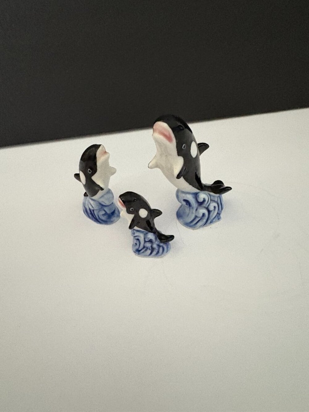Vintage Miniature Porcelain Orca Whale Family Figurines